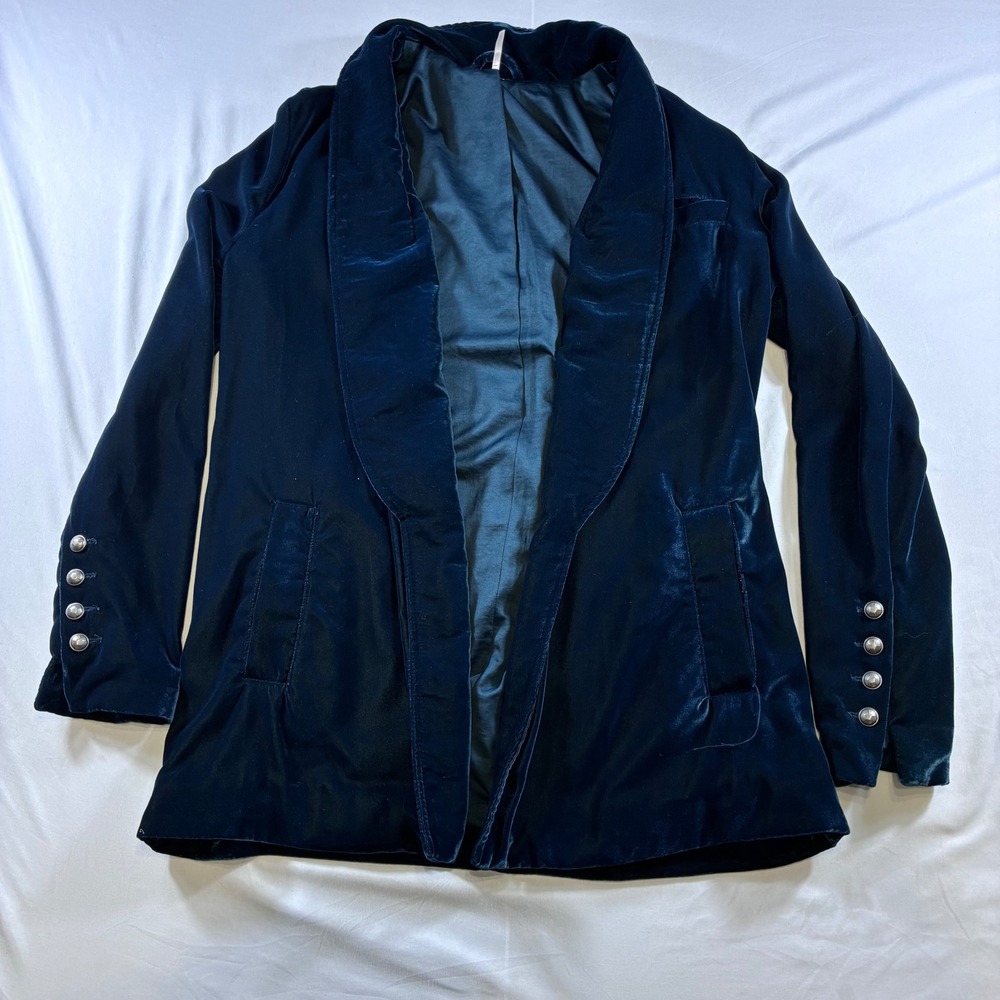 Free People Teal Blue Velvet Blazer Shawl Collar Open Front Jacket Womens Medium